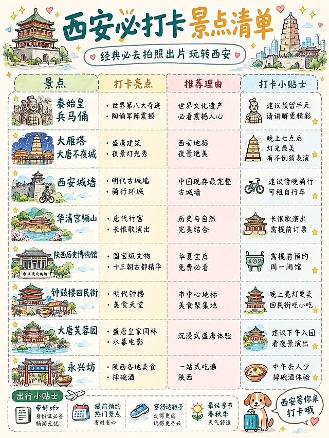 手绘风格的西安必打卡景点清单海报，浅米白色温暖背景，整体为可爱插画风。

顶部区域：左上角有手绘钟楼小插画，中间是大标题"西安必打卡景点清单"，下方有副标题横幅写着"经典必去拍照出片玩转西安"，右上角是大雁塔和城墙剪影，周围有小爱心星星装饰。

主体是一个四列表格，表头分别是：景点、打卡亮点、推荐理由、打卡小贴士，每列不同颜色表头。

表格内有8个景点，每行配手绘小插画：
1. 秦始皇兵马俑：亮点是世界第八大奇迹、陶俑军阵震撼；推荐理由是世界文化遗产必看震撼人心；小贴士是建议预留半天请讲解更精彩，配陶俑小图标
2. 大雁塔大唐不夜城：亮点是盛唐建筑、夜景灯光秀；推荐理由是西安地标夜景绝美；小贴士是晚上七点后灯光最美有不倒翁表演，配佛塔小图标
3. 西安城墙：亮点是明代古城墙、骑行环城；推荐理由是中国现存最完整古城墙；小贴士是建议傍晚骑行可租自行车，配城墙小图标
4. 华清宫骊山：亮点是唐代行宫、长恨歌演出；推荐理由是历史与自然完美结合；小贴士是长恨歌演出需提前订票，配宫殿小图标
5. 陕西历史博物馆：亮点是国宝级文物、十三朝古都精华；推荐理由是华夏宝库免费必看；小贴士是需提前预约周一闭馆，配博物馆小图标
6. 钟鼓楼回民街：亮点是明代钟楼、美食天堂；推荐理由是市中心地标美食聚集地；小贴士是晚上亮灯更美回民街吃小吃，配鼓楼小图标
7. 大唐芙蓉园：亮点是盛唐皇家园林、水幕电影；推荐理由是沉浸式盛唐体验；小贴士是建议下午入园看夜景演出，配园林小图标
8. 永兴坊：亮点是陕西各地美食、摔碗酒；推荐理由是一站式吃遍陕西；小贴士是中午去人少摔碗酒体验，配酒碗小图标

底部出行小贴士区，四个图标加文字：带好sfz、提前预约热门景点、穿舒适鞋子、最佳季节春秋季天气舒适。

右下角有可爱小狗拉行李箱插画和气泡文字"西安等你来打卡哦"。

整张图色彩清新温暖，线条柔和，手绘水彩风格，信息丰富排版整齐，全部是简体中文文字。