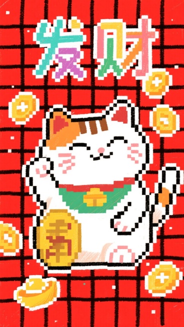 像素艺术，8位风格，“发财”主题。一只可爱的像素化招财猫在点头，金币和元宝弹出。背景是复古的红黑网格。简单、怀旧且有趣。非常适合游戏玩家和科技爱好者。预览效果
