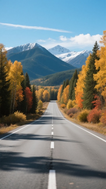 一条宽阔平整的沥青公路，路面中央有白色虚线分隔，向远方延伸直至消失在地平线，两侧是茂密的秋季森林，金黄、橙红和深绿的树叶交织，公路旁散落着一些低矮的灌木丛，远处是层叠的墨绿色山峦，山顶覆盖着皑皑白雪，天空湛蓝，漂浮着几缕轻柔的白云，阳光明媚，光线充足，形成清晰的路面纹理和树木阴影，整体呈现出宁静、开阔、充满秋日气息的自然景观，具有极高的摄影写实感，色彩鲜明，对比度适中，景深效果明显。预览效果