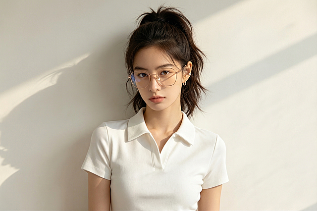 把第一张图片中的玫瑰金多边形眼镜自然地给第二张图片的女生戴上，保持人物原有姿态和光影效果，自然融合