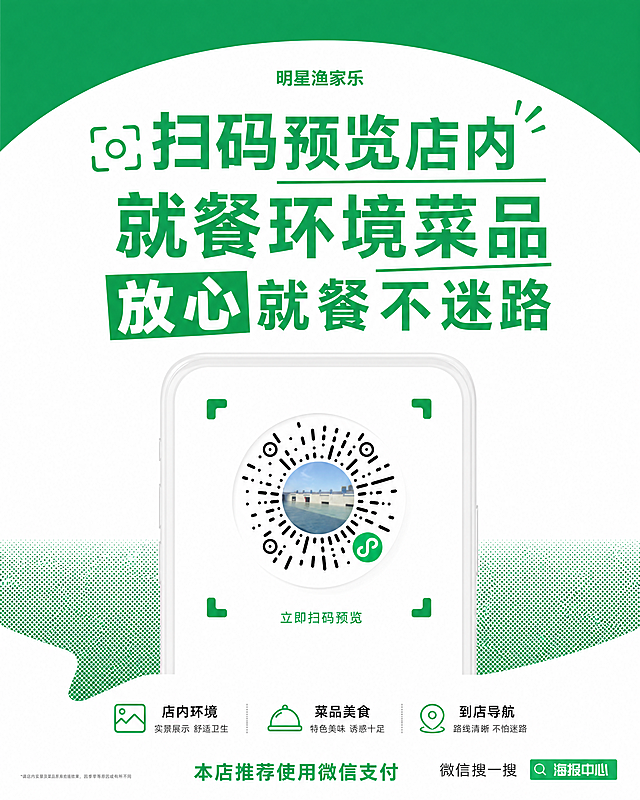 在原有海报基础上，修改文案为：扫码预览店内，就餐环境菜品，放心就餐不迷路，保留二维码，保留明星渔家乐和微信支付相关元素，尺寸为70cm*80cm