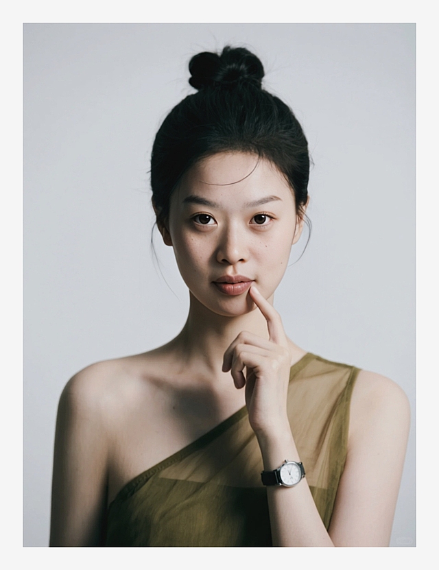 一个女生，橄榄色薄纱斜肩无袖衣服，丸子头，手指点着下巴，戴手表，低饱和度，加强阴影，白色背景。