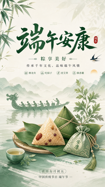 端午安康节日祝福清新中式感通用竖版海报预览效果