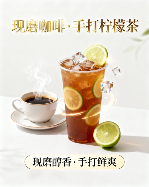 帮我制作一个图片，主题是：现磨咖啡☕️，手打柠檬茶，要有产品同时还要展示卖点，画面高级吸引人 突出主题 字体也许吸引人高级预览效果