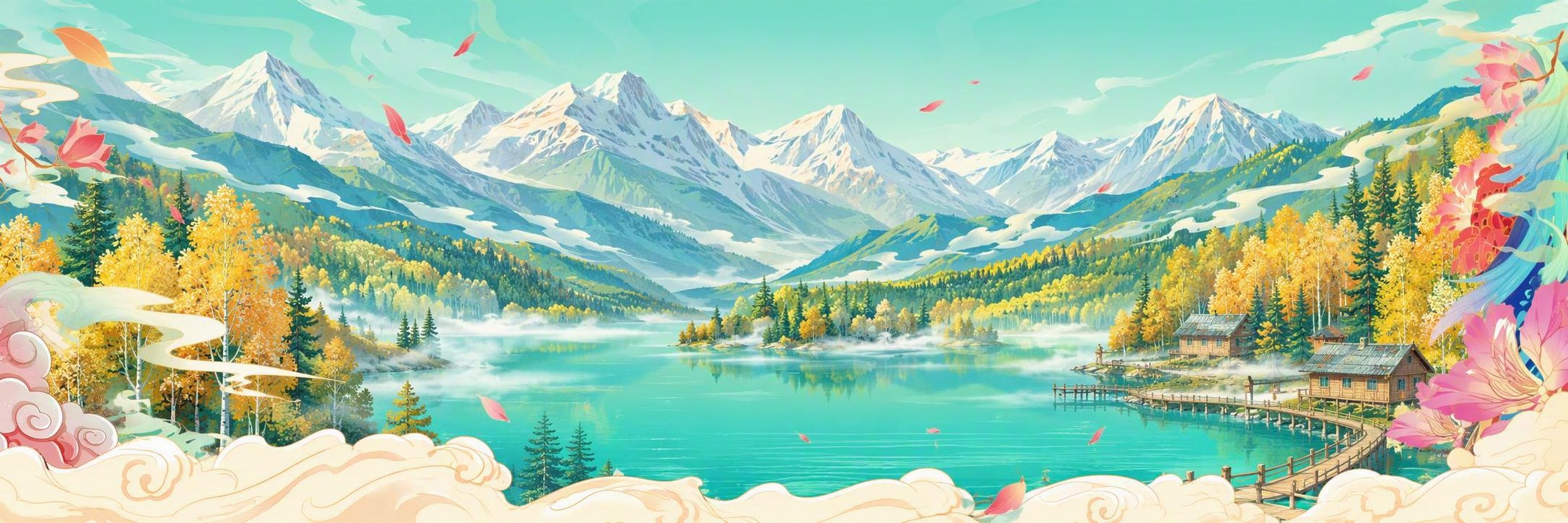 参考图中的国潮插画风，重新设计画面内容为新疆喀纳斯景区风景。保… - 图片创意预览