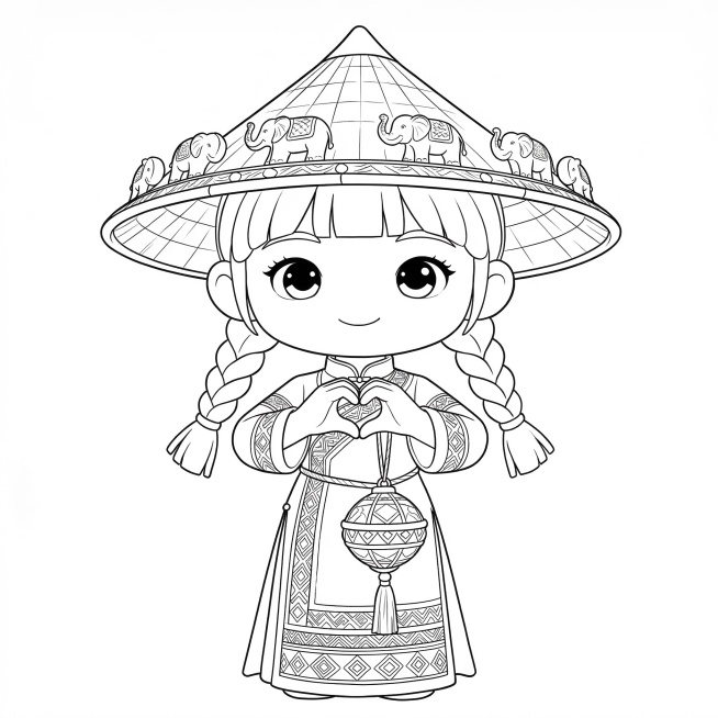 将图中形象转为黑白线稿，白底黑线，保留人物和斗笠的清晰轮廓和细节，无填充颜色预览效果