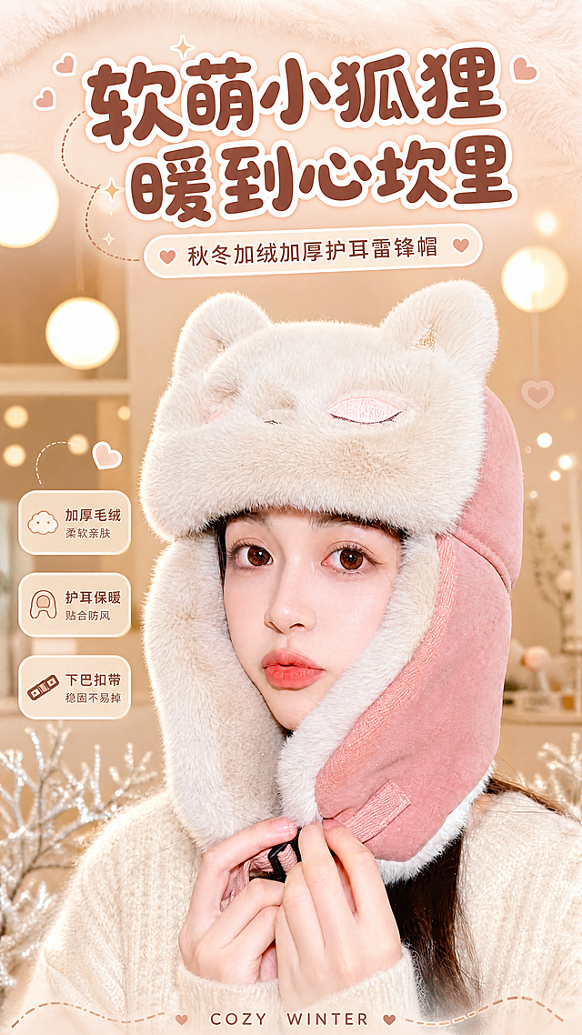[商品] 使用【图1】粉色款小狐狸毛绒雷锋帽；保留狐狸耳朵造型、闭眼刺绣眉眼、粉色护耳外层、米白毛绒内里、下巴扣带结构和颜色；自然理顺毛绒纹理，增强绒感蓬松度和缝线质感，不改变帽型结构和颜色。
[画面] 页面目标：风格头图海报，突出可爱甜美秋冬氛围；构图：居中偏上模特半身大头照，帽子为视觉中心，占画面约65%；景别：胸部以上特写；背景：暖米色室内空间，悬挂球形吊灯，柔和光斑虚化，前景有少量银色枯枝装饰；阅读动线：从上到下，顶部标题，中部主体，底部副标题；模特姿态：双手轻捏下巴扣带，正视镜头，甜美表情。
[视觉] 套系策略：风格=甜美少女风秋冬商业画报；标题字=圆润可爱粗体中文；正文字=简洁无衬线体；主色=暖粉+米白；背景延展=基于暖粉米白做深浅层级、同色渐变和细腻毛绒/纸张质感；强调色=奶茶棕，仅用于小面积图标、引线和标签；标题色=深棕红；正文色=暖棕灰；组件=圆角浅底信息卡、虚线引线、小爱心装饰；光影=前侧暖柔光，毛绒边缘有轮廓光。
[文字] 顶部居中主标题"软萌小狐狸 暖到心坎里"，副标题"秋冬加绒加厚护耳雷锋帽"，底部小字英文装饰"COZY WINTER"；文字不遮挡帽子主体和脸部。
[规格] 图片比例9:16竖版，4K，medium；避免变形、错字、文字过小、冷蓝背景、帽子颜色改变、版型失真、极限词。