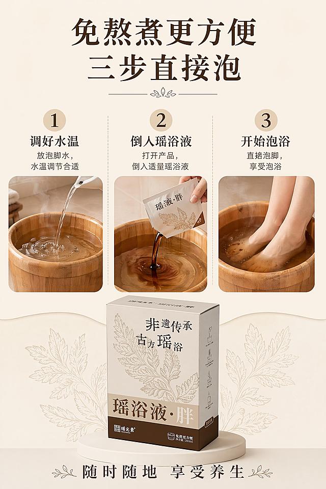 [第4屏] 使用流程演示页，讲解免熬煮直接泡的便捷使用步骤。
[氛围/风格] 简约直观步骤演示风，清晰明了
[元素布局] 顶部标题，下方分三步排列，每步配示意图和文字说明，底部放置产品；三步依次为：1. 放泡脚水，水温调节合适；2. 打开产品，倒入适量瑶浴液；3. 直接泡脚，享受泡浴。产品外观保持与输入图一致
[光影质感] 均匀柔光，每个步骤清晰，产品突出
[配色色系] 全局底色 #f5f0e6，主色深棕，辅助色浅棕色步骤序号背景
[视角构图] 上下分段构图，从上到下顺序展示，阅读动线流畅
[文字版式] 顶部主标题“免熬煮更方便 三步直接泡”，每步配大序号+短句说明：“1 调好水温”、“2 倒入瑶浴液”、“3 开始泡浴”；底部标注“随时随地 享受养生”；文字清晰，字号适中
[比例分辨率] 宽800px，高1200px，2:3竖版比例，4K分辨率，文字清晰可辨，高清画质
[负向提示词] 产品变形，包装文字错乱，文字模糊，步骤混乱