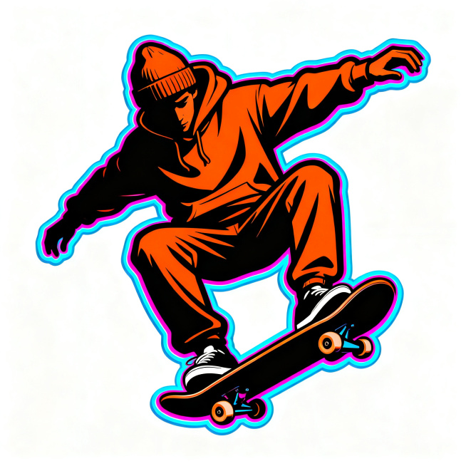 masterpiece, vector illustration, skateboarder silhouette with skateboard, in tre flip landing pose,预览效果
