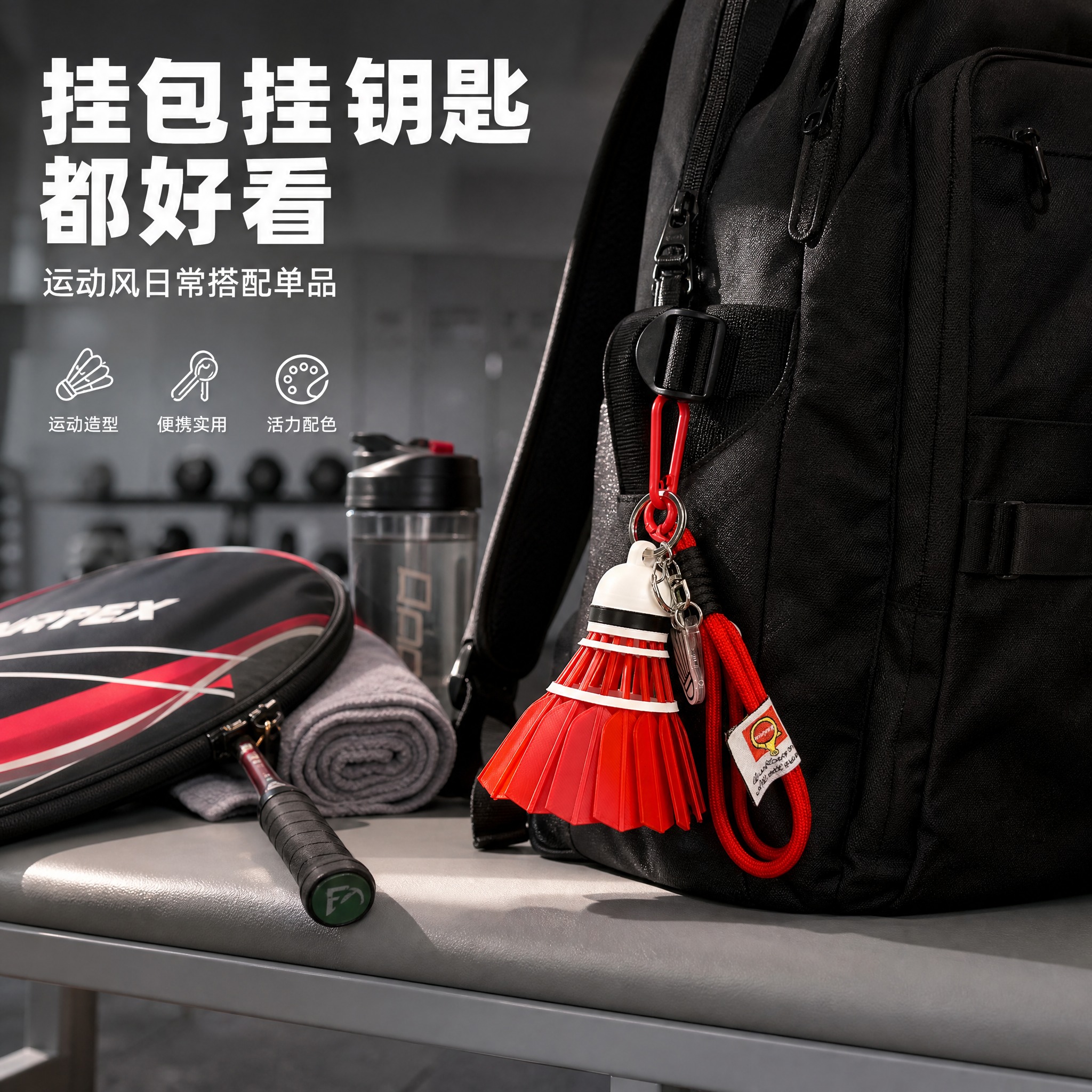 [主图-3] 红色羽毛球造型钥匙扣挂件 风格搭配使用场景图。… - 图片创意预览