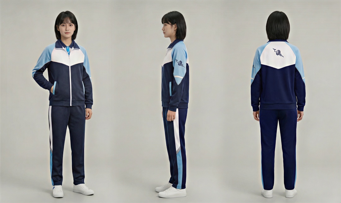 将模特替换为高中女生，保持纯色背景、校服款式和多角度展示，商业高级拍摄风格预览效果