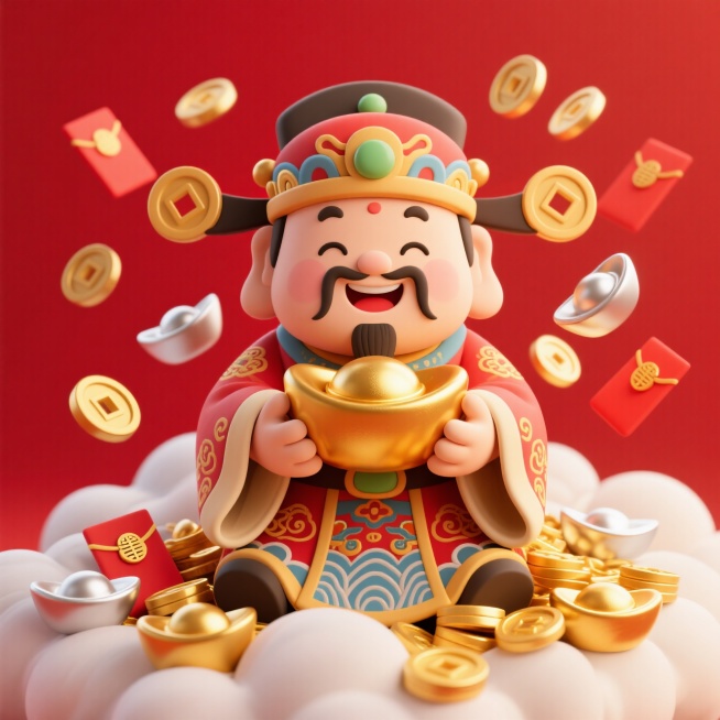 财神爷坐在云朵上抱着超多金银财宝，周围环绕着：红包、金币。红色背景预览效果