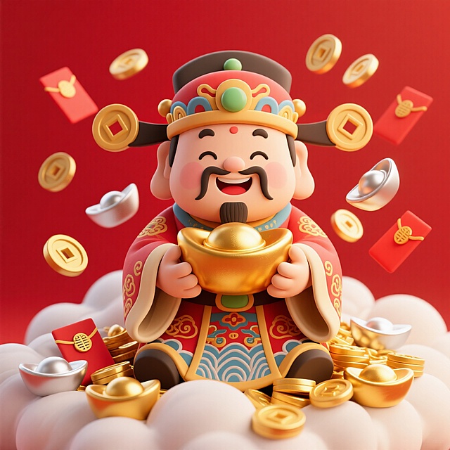 3D卡通财神爷，拟人化设计，手持金元宝，红包金币环绕，喜庆中式风格。