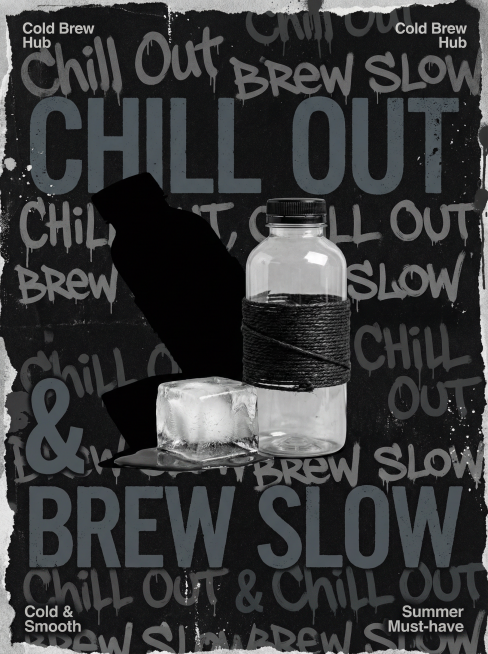 一张为 “Cold Brew Hub” 设计的街头风排版海报。其核心是将 “Chill Out” 与 “Brew Slow” 标语以街头涂鸦体构成重复背景，左右上角为小字 “Cold Brew Hub预览效果