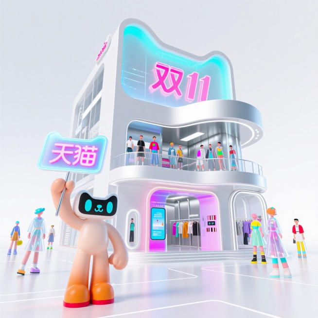 全息投影天猫枢纽：天猫logo建筑覆盖全息投影膜，可动态显示双11信息；入口天猫精灵举全息灯牌，一层化妆品区设智能导购屏，二层服装区用镜面与灯光营造未来试衣间，人群穿透明PVC与LED装饰服饰，银白主预览效果