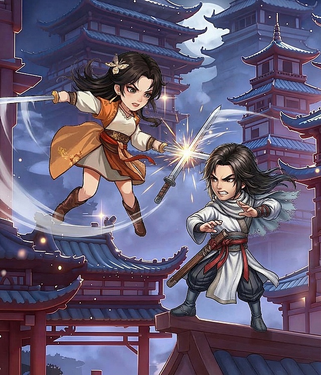 将图中人物姿势修改为类似图二的对抗打架姿势，凸显两人的对抗感