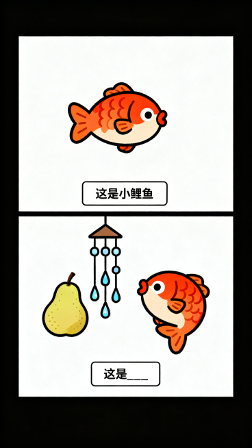 日系搞笑纵向双格漫画，上半格：Q版可爱的小鲤鱼，极简背景，底部白色矩形框黑字写“这是小鲤鱼”；下半格：小鲤鱼、一颗梨子、一串水滴形状的风铃强行组合在一起，呈现荒谬互动，底部白色矩形框黑字写“这是___预览效果