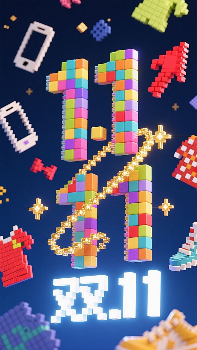 一张双11大促海报，像素风