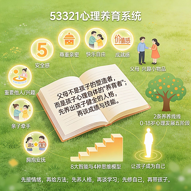 用文字+配图的方式画出下面内容：这本书的核心观点可以概括为一句话：  
“父母不是孩子的塑造者，而是孩子心理自体的‘养育者’；先养出孩子健全的人格，再谈成绩与技能。”

围绕这句话，默薇老师用“53321 心理养育系统”把全书内容拆成五把钥匙：

1. 5 大心理需求  
   安全感、尊重亲密、快乐自由、价值感、成就感——像身体需要蛋白质一样，缺一不可。  
   需求被充分满足→孩子长出“心理肌肉”：自信、自律、抗挫、专注、有内驱力。

2. 3 类养育客体  
   父母（主客体）+ 重要他人／兴趣（副客体）。  
   亲子关系是“心理脐带”，脐带不通，孩子就只能到游戏、网恋、短视频里“找补”。

3. 3 步养育动作  
   ① 建关系——放手、立界限、破除“限制性信念”；  
   ② 给营养——能力范围内“无条件满足”+ 及时“肯定与认可”；  
   ③ 排垃圾——无条件接纳情绪，帮孩子把愤怒、悲伤、恐惧排泄出去，而不是压进身体（躯体化）或弹给外人（暴力、网瘾）。

4. 2 条养育主线  
   ① 0-18 岁心理发展五阶段任务（口欲-信任、肛欲-自主、性蕾-主动、学龄-勤奋、青春-自我同一）；  
   ② 8 大智能、4 种思维模型——发现孩子“长板”，用长板带短板，而不是把松树修成杨树。

5. 1 个总目标  
   让孩子成为“自己”——具备人工智能时代杀不死的六大核心能力：爱、创新、思考、互动、沟通、情感；  
   父母同时完成自我二次成长，停止把农耕时代的“听话+打骂+攀比+功利”脚本传下去。

一句话实操口诀：  
“先接情绪，再给方法；先养人格，再谈学习；先修自己，再带孩子。”