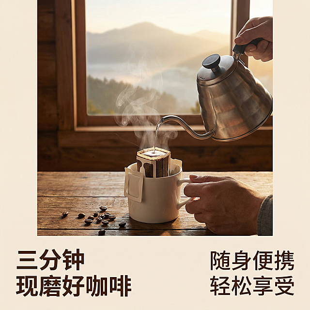 [主图 4] 挂耳咖啡冲泡体验场景
[氛围/风格] 山间晨雾氛围，生活方式体验感，自然清新商业摄影。
[画面元素] 第一人称视角，双手正往挂耳咖啡杯中倒入热水，热水注入咖啡粉中，热气腾腾向上飘散，木质桌面散落几颗咖啡豆，背景是推开窗可见的晨雾山间景色，营造清晨享受咖啡的真实体验感，自然逆光氛围感十足。
[配色色系] 主色调：原木浅棕、奶白杯身；辅助色：晨雾青灰、暖棕咖啡、热气高光。
[视角构图] 第一人称平视抓拍，景深适中，主体突出。
[文字版式] 画面左下角文案 "三分钟 现磨好咖啡"，右下角小字标注 "随身便携 轻松享受"，字体简洁无衬线，深棕色，文字放置于桌面留白区域，不遮挡冲泡主体。
[比例分辨率] 1:1比例，2k分辨率。