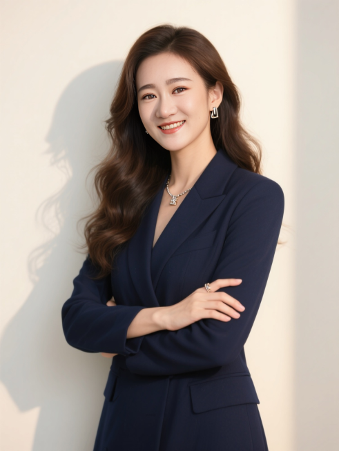 商务形象半身照，女生，藏青色西服，双手交叉抱胸，长发大波浪，精致的金属配饰，米白色背景墙，暖光，微笑预览效果