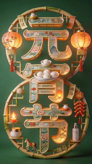 由元宵灯笼的圆形骨架轮廓为主创意，表面复刻江南刺绣的透气质感与灯笼穗子的流苏纹理，融合迷你元宵汤圆模型、灯谜纸条、烛火光影、爆竹、瑞马（或腾跃小马灯）护肤品，等元素点缀；字体整体融合江南刺绣、竹木骨架预览效果