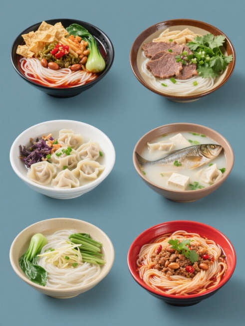 六个不同纯色背景的美食海报规整排布组成的系列素材集合，高分辨率食物摄影风格，清晰的食材纹理和丰富的色彩对比，柔和的顶部光源营造自然立体感。从左到右依次为：1. 螺蛳粉：黑色碗中盛放洁白米粉，搭配红油汤底、炸腐竹、酸笋、花生、青菜和红色辣椒油；2. 牛肉粉：棕色碗中装着米粉，覆盖大片卤牛肉片、绿色香菜、葱花和清澈的牛肉汤；3. 馄饨汤：白色碗中漂浮着饱满的馄饨，汤色清亮，点缀紫菜、虾皮和绿色葱花……预览效果