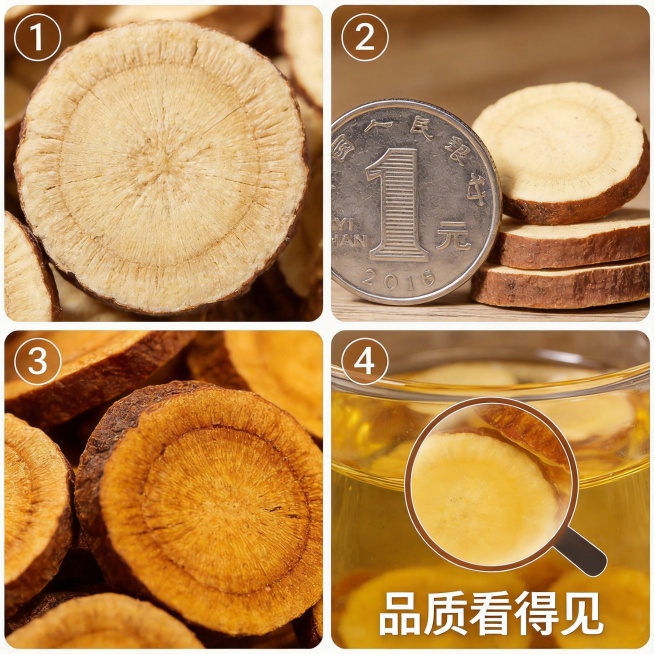 基于现有甘草片图片，制作细节特写详情图，分四个特写模块：1. 切面纹理：展示清晰的放射状纹理；2. 厚度对比：和一元硬币对比厚度；3. 色泽观察：自然黄棕无硫熏痕迹；4. 泡发状态：温水冲泡后汤色清亮预览效果