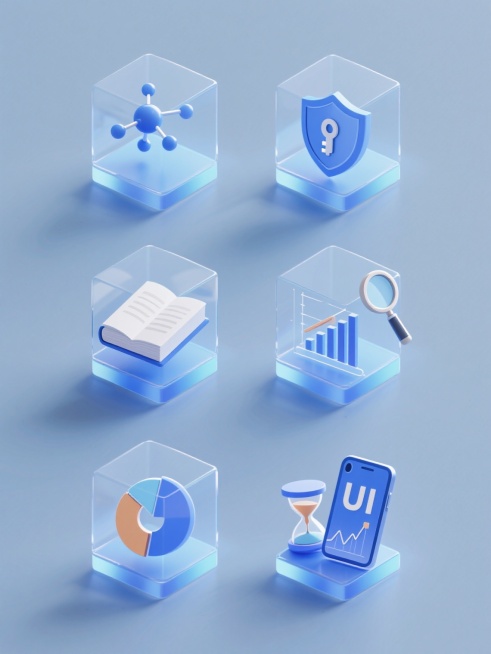 6个完全不同造型的系列素材集合，规整排布在纯色背景上，每个素材都包含透明立方体容器，容器内分别是分子结构模型、带钥匙的盾牌、书本、柱状图表、放大镜与条形图、饼图、沙漏、K线图、智能手机等UI元素，整体采用渐变蓝色调，保持现代科技感的设计风格，光影柔和，具有简洁的图标式设计感。预览效果
