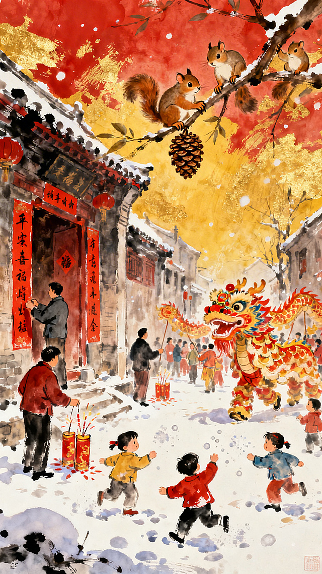 春节主题封面图，人们在贴春联放鞭炮，街道上有舞龙舞狮表演，小孩子们在雪地上开心打雪仗，树枝上有几只小松鼠正在摘松果，整体是浓墨重彩的写意画风格，充满年味和喜庆氛围