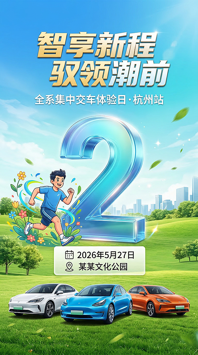 汽车活动倒计时2天竖版海报，写实商业海报风，背景为清新渐变蓝色天空与草地。中央是一个渐变青蓝透明质感的立体数字 "2"，左侧搭配活力奔跑的卡通运动人物与小花元素，下方白色信息框标注日期 "2026年5月27日" 与地点 "某某文化公园"，底部展示3辆不同颜色的新能源轿车。上方主标题为醒目的艺术字 "智享新程 驭领潮前"，副标题为 "全系集中交车体验日・杭州站"。整体风格活泼明快，色彩明亮饱和，细节精致，排版清晰，适合社交媒体传播。