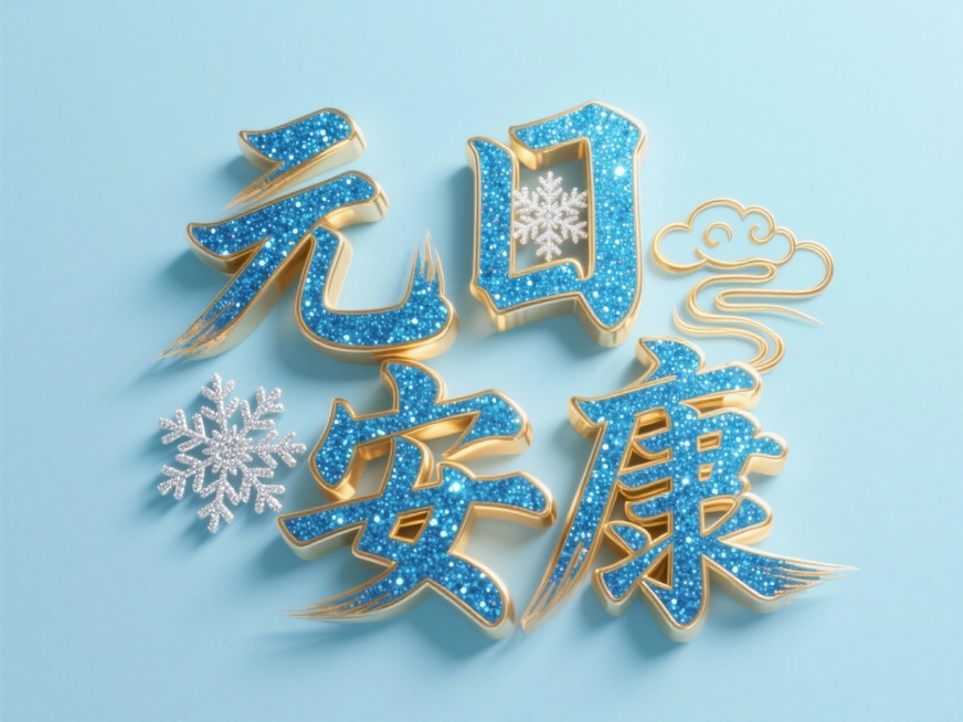 “元日安康” 立体艺术字，连贯的装饰性字体：“日” 字里是银色雪花，“康” 字右侧有金色祥云装饰，淡蓝色平面背景中，文字是蓝色闪粉与金色金属的材质；金色用于雪花纹路、字边缘带有金色立体描边，字体表面叠预览效果