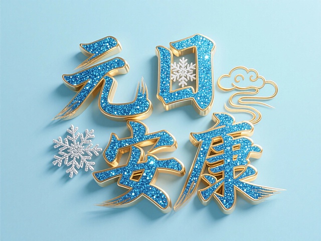 “元日安康” 立体艺术字，连贯的装饰性字体：“日” 字里是银色雪花，“康” 字右侧有金色祥云装饰，淡蓝色平面背景中，文字是蓝色闪粉与金色金属的材质；金色用于雪花纹路、字边缘带有金色立体描边，字体表面叠加毛笔笔触纹理，周围点缀细线金色祥云装饰