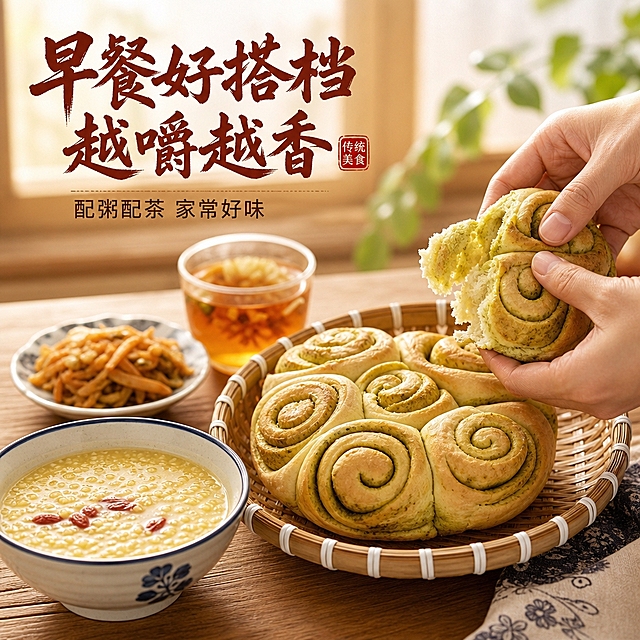 [主图-4] 场景食用图，核心任务是展示早餐/日常食用场景，增强代入感。
[统一基调] 整体风格：国风家常烟火气，暖色调商业摄影；背景主色：暖米黄+浅棕木色；标题字色：深棕红；辅助字色：暖褐色；强调色：朱砂红；字体样式：粗笔刷书法字做标题，清爽黑体做辅助；组件样式：圆角浅底信息卡、细线引线、印章式标签。
[画面] 温馨中式早餐场景，木质餐桌上摆放着焜锅馍馍（放在竹编小篮里），旁边有一碗小米粥、一碟小咸菜、一杯热茶。一只手正拿起一块掰开的馍馍，动作自然生活化。背景是虚化的窗边晨光，有绿植点缀。整体氛围温暖治愈，充满家的味道。馍馍主体占画面约45%。
[光影质感] 窗边自然晨光，柔和温暖，食物表面有自然的光泽，桌面有柔和的阴影，整体明亮通透，生活方式摄影质感，真实自然不刻意摆拍。
[配色] 主色暖木棕+米白色，标题深棕红，辅助文字暖褐色，粥的米黄色和茶的琥珀色作为自然点缀，绿植的浅绿做冷色平衡。
[文字版式] 左上区域主标题粗笔刷书法字"早餐好搭档 越嚼越香"，下方副标题"配粥配茶 家常好味"。文字放在画面左上负空间，不遮挡食物主体和手部动作。
[输出要求] 1:1正方形，2048x2048px，文字清晰可读，产品清晰完整，禁止变形、错字、模糊、杂乱、水印、平台Logo、绝对化用语、畸形手指。