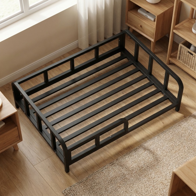 左右翻转构图，黑色铁艺狗床放置在暖色调原木风宠物房，保持框架结构不变，不改变产品主体，床上无物品，突出产品，柔和侧光，原木家具搭配小地毯，温馨自然，不改变产品结构，腿部悬空、比例失调、西方面孔、金发、预览效果