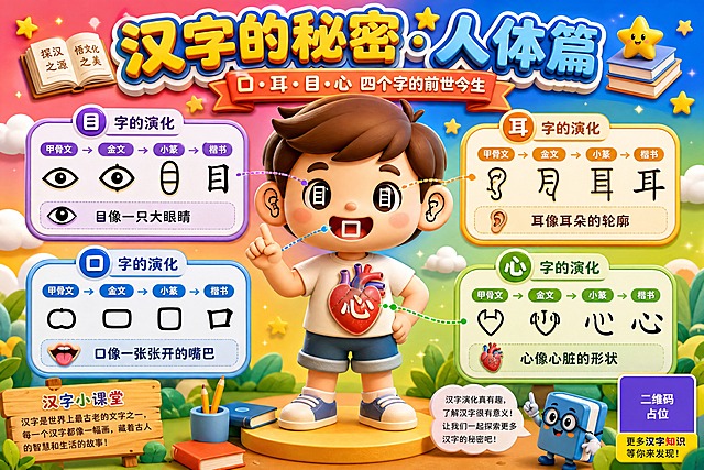 A3横版小学生立体手抄报，主题为汉字演化人体篇。整张画面以一个可爱Q萌的3D立体卡通人物为整体造型，人物站立在画面中央，身体各部位巧妙融合汉字演化科普内容。人物的嘴巴部位展示"口"字演化，耳朵部位展示"耳"字演化，眼睛部位展示"目"字演化，胸口心脏位置展示"心"字演化。每个部位都有立体悬浮的信息卡片，卡片上从左到右依次排列甲骨文→金文→小篆→楷书四个阶段的字形，配有箭头指示演化方向。每个字旁边有一句趣味小知识："口像一张张开的嘴巴"、"耳像耳朵的轮廓"、"目像一只大眼睛"、"心像心脏的形状"。顶部大标题"汉字的秘密·人体篇"用立体艺术字呈现，副标题"口·耳·目·心 四个字的前世今生"。背景为明亮活泼的渐变色，点缀云朵、星星、书本等卡通装饰元素。整体风格趣味卡通3D立体风，色彩明快鲜艳，排版精美有设计感，适合小学生阅读学习。画面中所有信息区域必须填充完整合理的内容，不得出现空白框。画面中所有二维码区域使用纯色方块占位符呈现，方块中央标注"二维码占位"文字，严禁生成任何可识别的二维码图案。