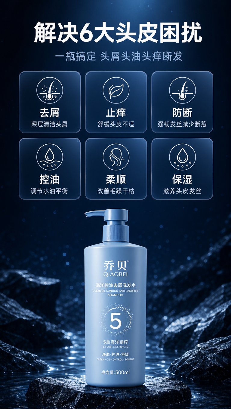 深蓝色高级商业摄影风格，洗发水详情页功效总览，9:16竖版。深… - 图片创意预览