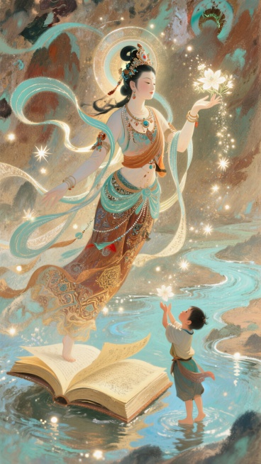 敦煌飞天壁画风格，一位“知识女神”形象的飞天，飘逸的丝带化作书卷和河流，她向人间洒下智慧的花朵和光芒，下方有孩童仰头承接。浓郁的色彩，华丽的纹样。预览效果