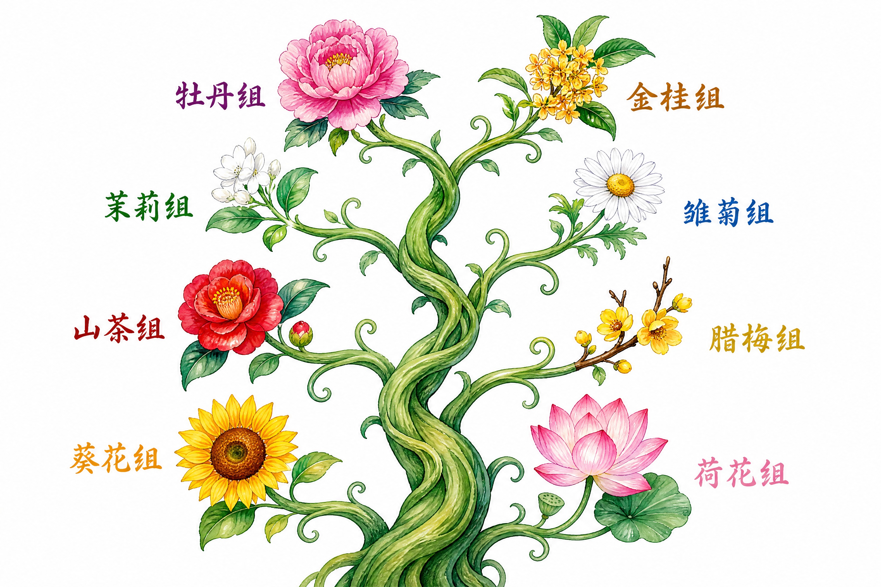 一根粗壮的主藤蔓从画面底部向上蜿蜒生长，藤蔓上分出8条侧枝，每… - 图片创意预览