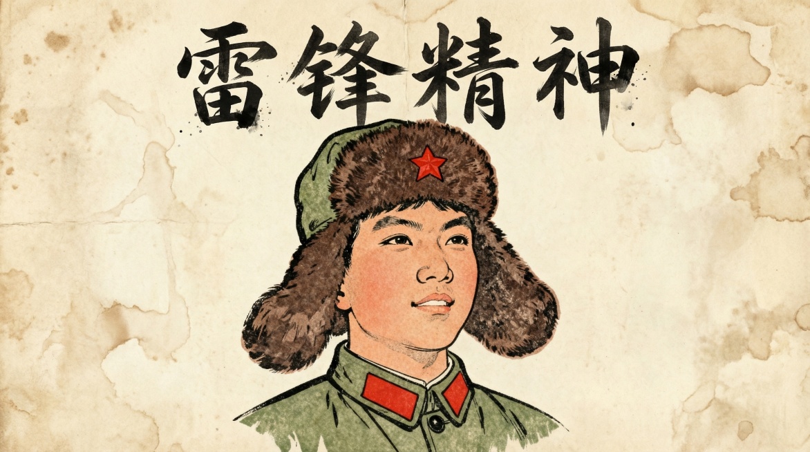 简笔精美工笔画老课本风格横屏海报，沿用参考图的雷锋头像，“雷锋精神”文字采用手写复古字体，背景带有轻微旧纸张斑驳纹理，风格朴实庄重预览效果