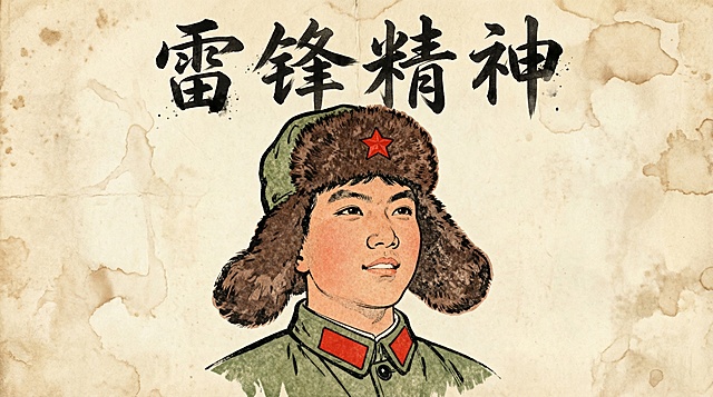 简笔精美工笔画老课本风格横屏海报，沿用参考图的雷锋头像，“雷锋精神”文字采用手写复古字体，背景带有轻微旧纸张斑驳纹理，风格朴实庄重