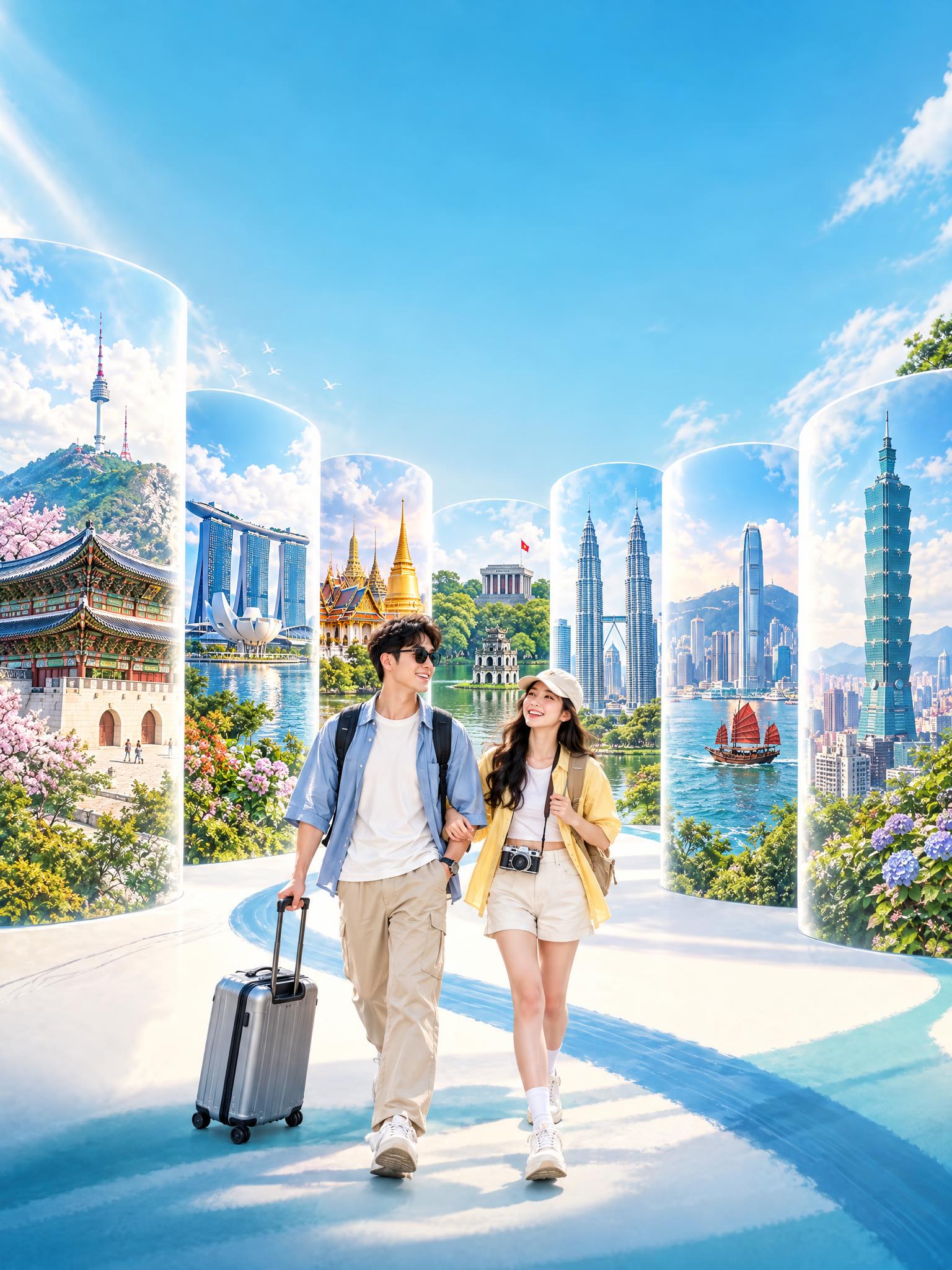 参考图的创意版式风格：蓝天白云背景，画面中央有一条蜿蜒向前的浅… - 图片创意预览
