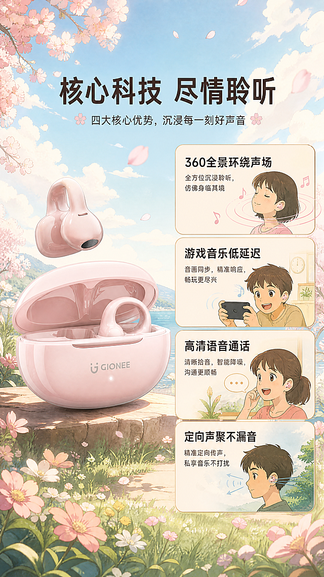 [第3屏] 核心卖点总览，展示这款蓝牙耳机的全部核心优势，使用樱花粉产品展示，本屏使用【图1】作为商品主体，宫崎骏漫画风格。
[氛围/风格] 清新治愈宫崎骏漫画风，手绘自然背景，通透柔和光影。
[元素布局] 左侧放置樱花粉产品大图占比约50%，右侧排列四个核心卖点卡片，每个卡片搭配手绘小图标；背景搭配淡彩手绘云朵植物装饰。产品结构和颜色与输入图一致。
[光影质感] 左侧产品柔和打光，高光清晰，右侧卡片文字明亮，整体干净通透。
[配色色系] 浅暖粉色背景，保留产品樱花粉色，浅米色卖点卡片，黑色文字，绿色点缀。
[视角构图] 左产品右文案的不对称构图，阅读动线从左到右，清晰流畅。
[文字版式] 顶部大标题"核心科技 尽情聆听"，四个卖点分别为"360全景环绕声场"、"游戏音乐低延迟"、"高清语音通话"、"定向声聚不漏音"，每个卖点配简短说明文字，字号适中清晰可读。
[比例分辨率] 9:16竖版比例，4K分辨率，文字清晰。
[负向提示词] 产品变形，颜色偏差，文字遮挡产品，文字错乱，背景杂乱。