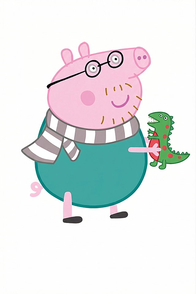 不改变原图大小和整体风格，将猪爸爸手里的棒棒糖替换成乔治喜欢的恐龙先生玩具，保持其他部分不变