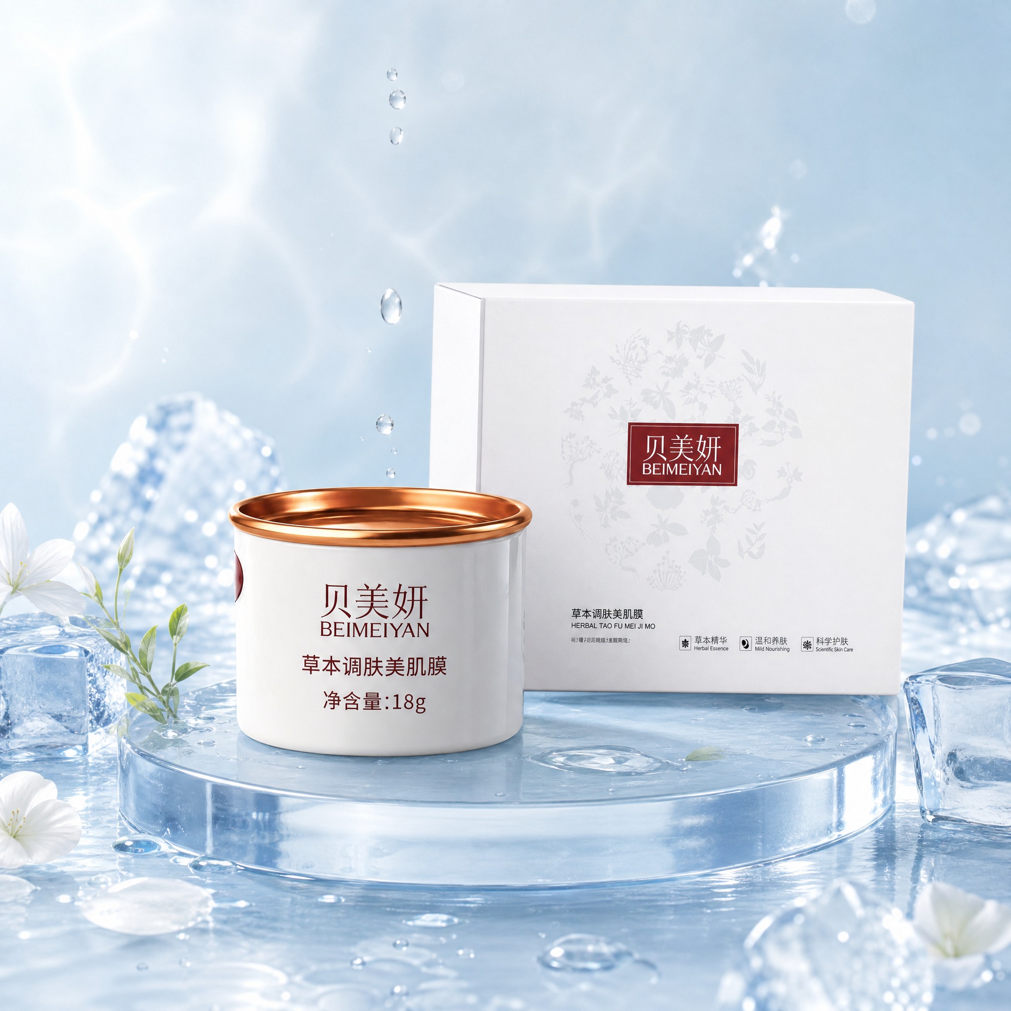 超写实美妆产品静物摄影。 主体：小白膜罐装产品与礼盒严格参照上… - 图片创意预览
