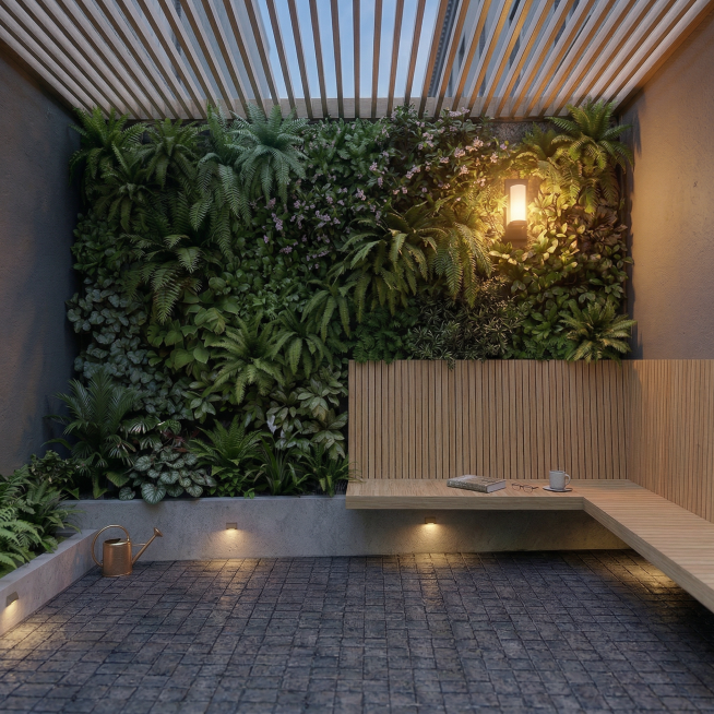 近景特写，聚焦浅木色L型靠背长椅与墙面垂直绿化，两栋灰色建筑山墙之间的微更新休憩角落，地面为深灰色防滑透水砖，顶部是浅木色格栅遮阳板，墙角有人体感应暖光壁灯，柔和漫射光，氛围安全温馨，超写实，细节丰富预览效果