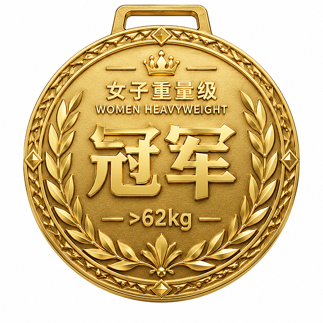 一枚7cm直径的圆形体育赛事奖牌背面设计，金色金属质感，立体浮雕效果，高端精致。奖牌背面布局：顶部小字"女子重量级"，其下英文小字"WOMEN HEAVYWEIGHT"，中间最醒目大字"冠军"，底部小字">62kg"。文字居中对称排列，边缘有精致装饰边框，整体风格专业体育赛事感，金属光泽，光影立体感强，纯白背景