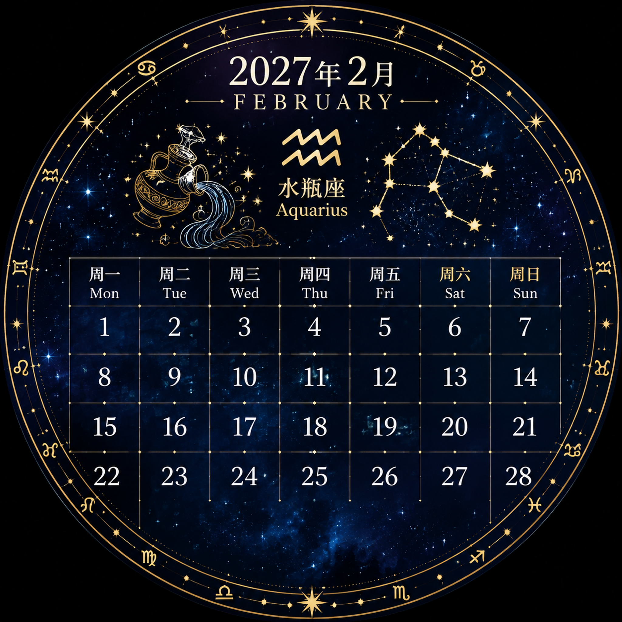 2027年2月圆形星座日历，正圆形构图，深蓝星空背景带金色星点… - 图片创意预览