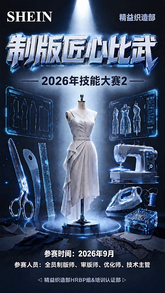 基于参考海报图，将左上角的SHEIN文字替换为指定LOGO的字体样式（深蓝色粗体衬线风格的SHEIN字母），字体颜色改为纯白色，保持在左上角原位置，大小与原SHEIN文字相当。其余所有内容完全保持不变：右上角精益织造部蓝灰色、主标题制版匠心比武3D立体金属蓝发光大字、副标题2026年技能大赛2、中央人台白色高定连衣裙、左右两侧制衣工具和全息屏幕、底部参赛时间参赛人员落款全部原样保留。深蓝到冰蓝渐变背景，科技感强烈，4K高清电影级光影。画面中所有数字必须精确渲染。