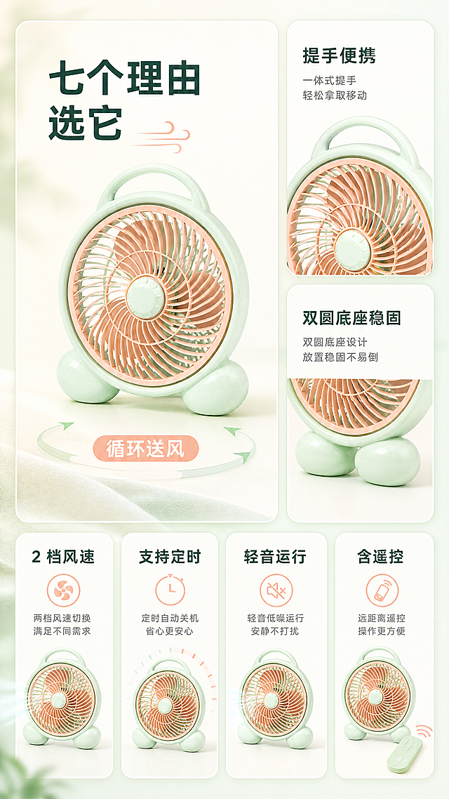 [商品] 使用【图1】桌面循环扇：浅薄荷绿亮面塑料机身、顶部一体式提手、蜜桃粉前网罩与格栅、中央圆形机头、双圆底座；保留结构、比例、颜色、材质与格栅孔型，不新增按键、接口、线材、灯珠或配件。
[画面] 页面目标：一次性建立完整认知。七个分区卡片瀑布流：左侧一张大卡承载产品全貌与“循环送风”，右侧两张竖排卡片；下排四张并排小卡；其中至少三张卡片含产品图或局部特写；背景为米白到浅薄荷的柔和渐变，卡片为圆角浅底配细描边。
[视觉] 套系策略：风格=清爽小清新的日系小家电商业摄影，明亮通透；标题字=现代中文无衬线粗体；正文字=简洁中文无衬线体；主色=薄荷奶绿；背景延展=基于薄荷奶绿做米白到浅薄荷的柔和渐变，叠加细腻织物与柔雾质感；强调色=蜜桃粉，仅用于小面积图标、引线、标签和局部光效；标题色=深墨绿；正文色=中灰绿；组件=圆角浅底信息卡、细线引线、圆形图标；光影=左前上方柔光，产品高光方向一致。
[文字] 主标题“七个理由 选它”，七张卡片短标题“2 档风速”“支持定时”“轻音运行”“含遥控”“循环送风”“提手便携”“双圆底座稳固”，全部横向排版，不遮挡产品。
[规格] 图片比例9:16竖版，4K，避免变形、错字、蚂蚁字、文字过小、竖排或旋转文字、冷蓝蓝灰冷灰背景、机身颜色改变、格栅孔型简化、虚构按键或线材、二维码、水印、平台Logo，不出现“主标题/副标题/卖点”等说明词。